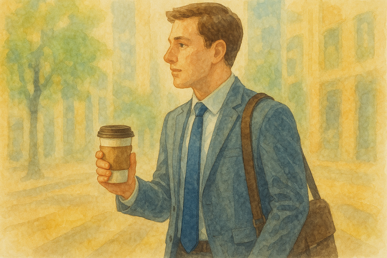 커피를 들고 걷는 남성