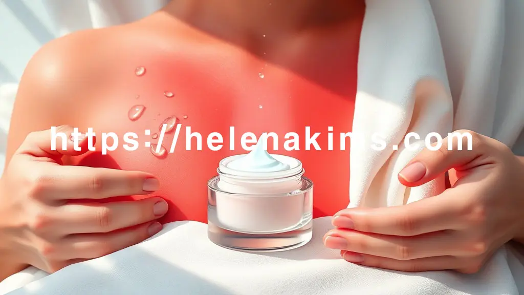 붉고 가렵던 피부가 부드럽게 진정되는 모습, 주변에는 촉촉한 보습제 용기, 부드러운 물방울, 면 소재의 천, 그리고 피부를 자극 없이 어루만지는 손길이 표현 된 이미지.