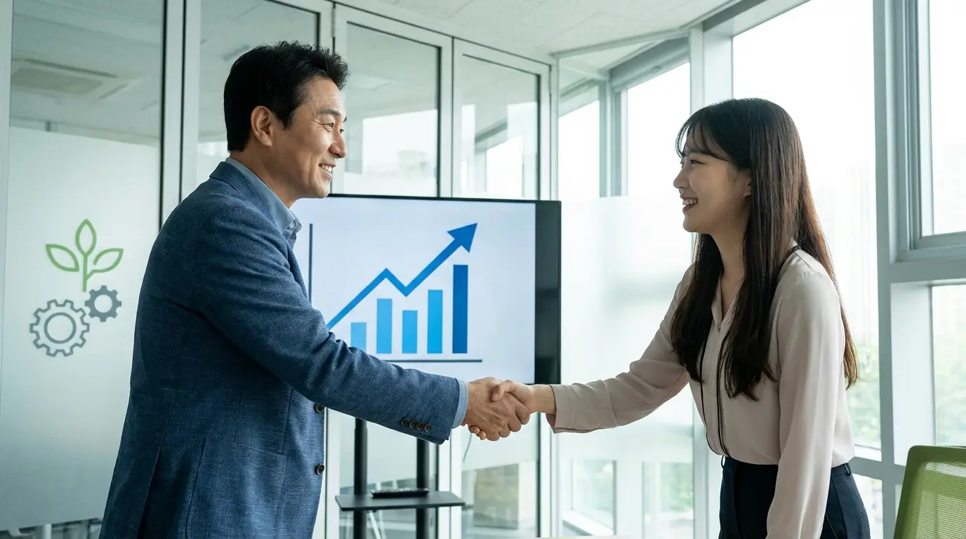 스마트한 사무실 환경에서 태블릿으로 매출 상승 그래프를 확인하는 성공한 중소기업 대표