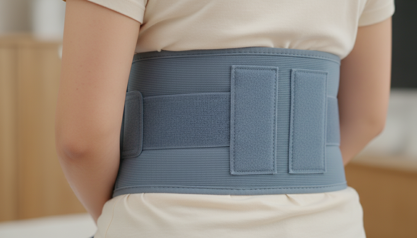 허리 통증으로 삐끗했을 때 허리 주변을 지지하고 보호하기 위해 착용하는 파란색 계열의 복대 또는 허리 지지대 클로즈업.