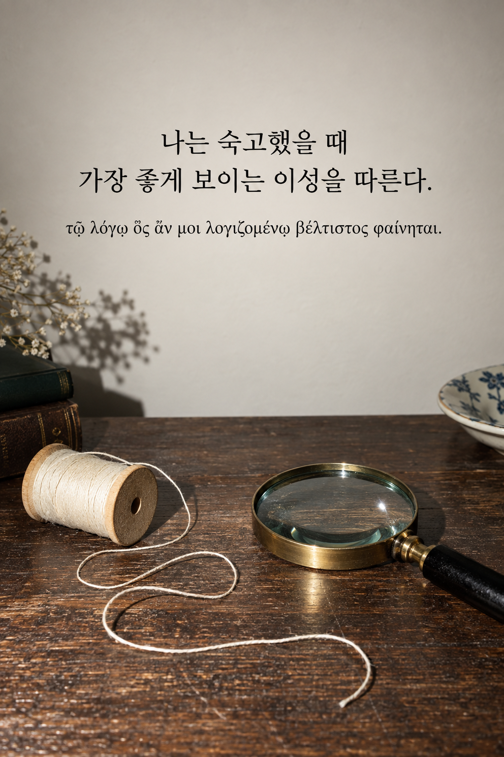 소크라테스 명언 21 &mdash; 나는 숙고했을 때 가장 좋게 보이는 이성을 따른다. &mdash; 매듭을 풀어 놓은 실과 돋보기