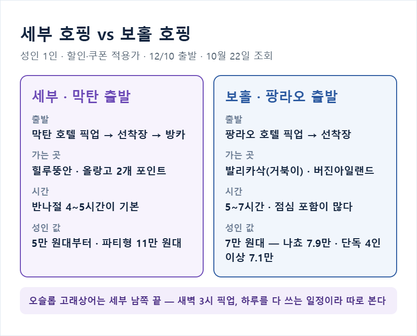 세부 호핑과 보홀 호핑 비교 &mdash; 출발지, 포인트, 소요 시간, 가격