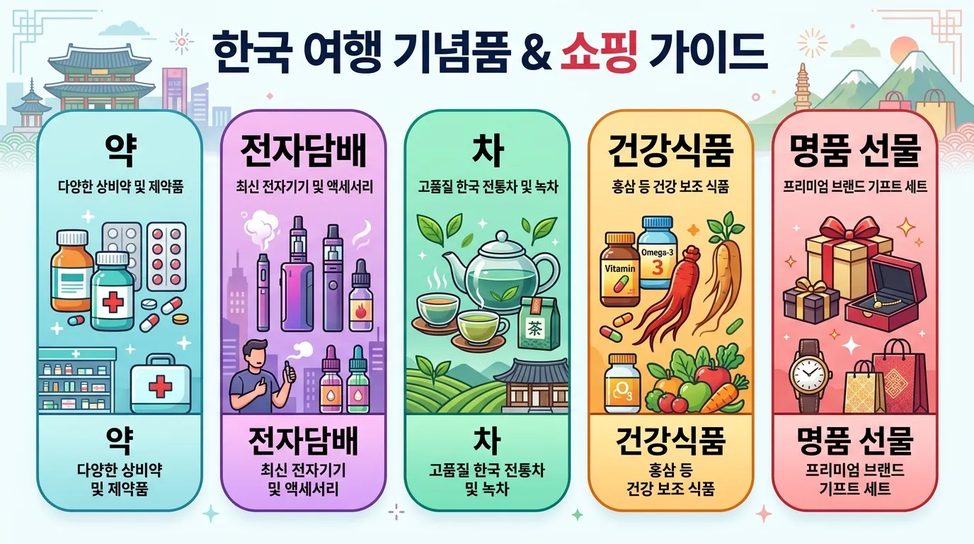 약, 전자담배, 차, 건기식, 명품 선물 상자가 놓인 여행 가방