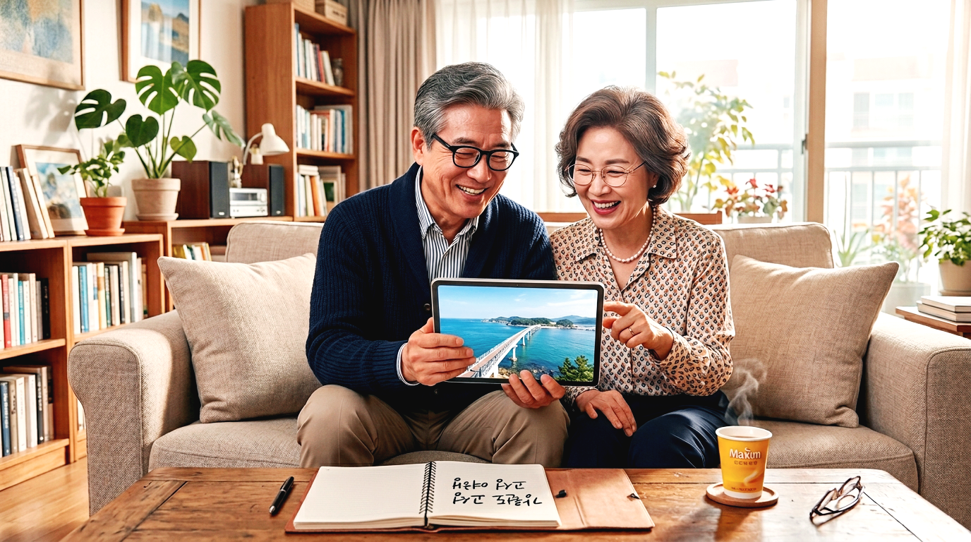 아파트 거실에서 태블릿으로 강원도 고성 송지호 바다하늘길 사진을 보며 여행을 계획하는 60대 부부의 모습