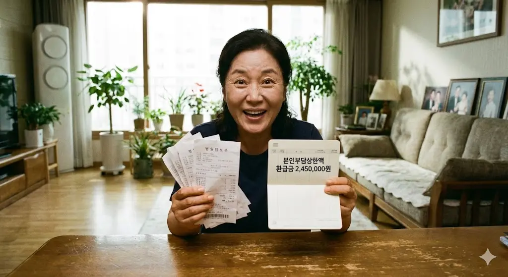 병원비 영수증을 들고 환하게 웃으며 통장을 확인하는 중년 여성