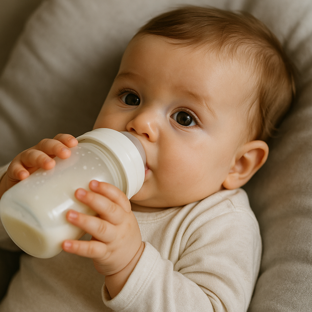 젖병을 물고 있는 아기 사진