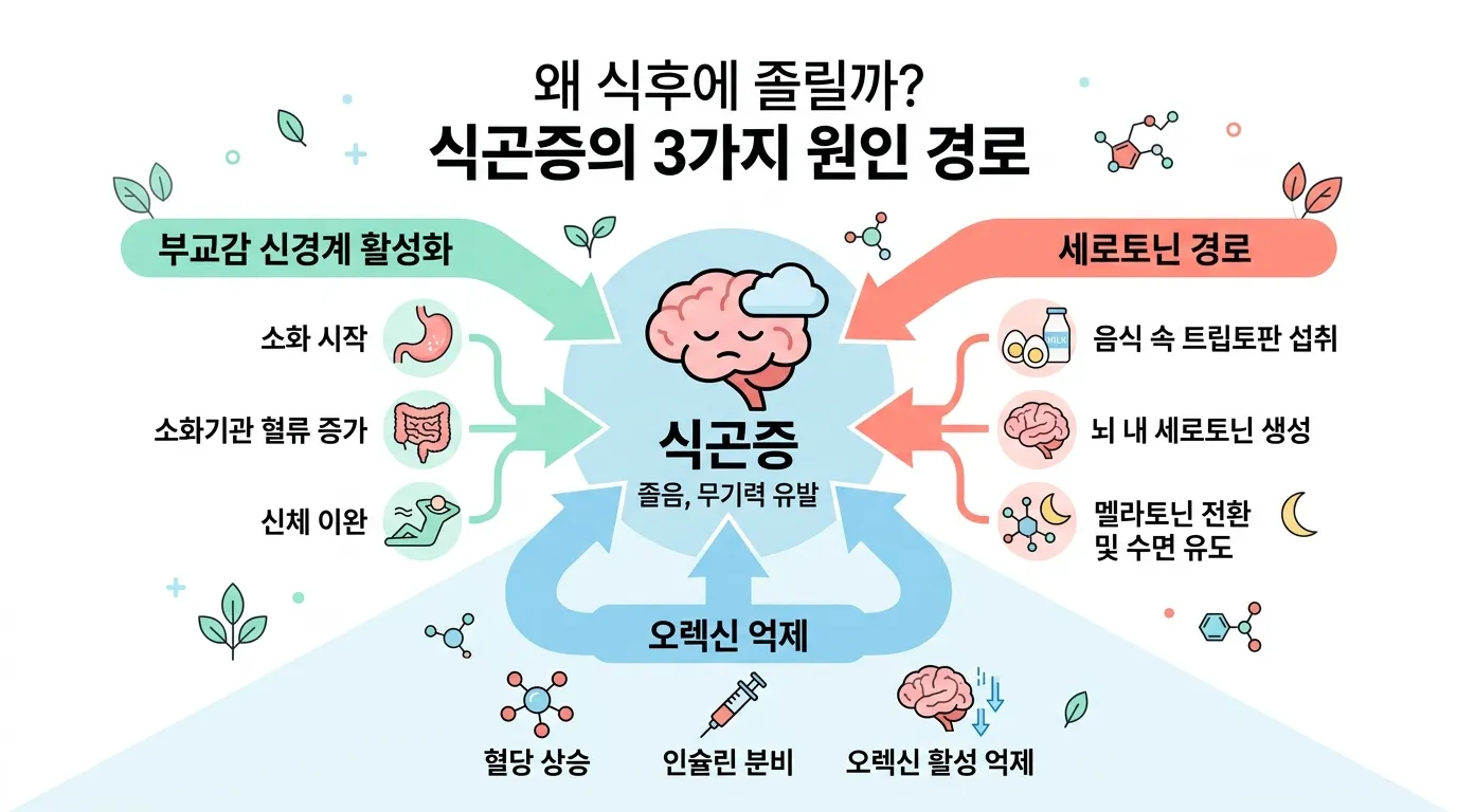 식후 졸림 원인 3가지 경로 다이어그램