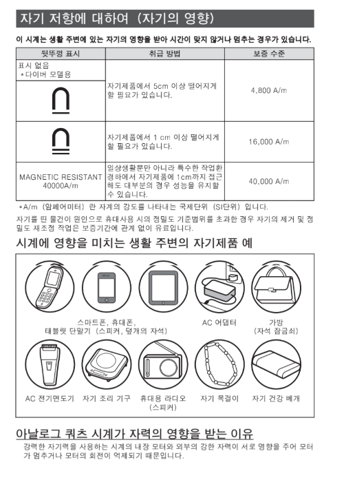 그랜드세이코 매뉴얼 중 쿼츠와 자기 저항 관련 내용