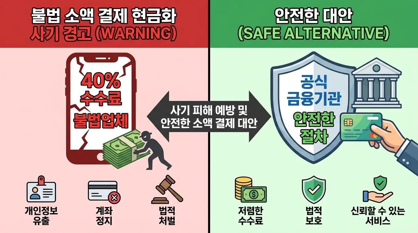 불법 소액 결제 현금화 업체의 수수료 40% 사기를 경고하고 안전한 대안을 제시하는 인포그래픽