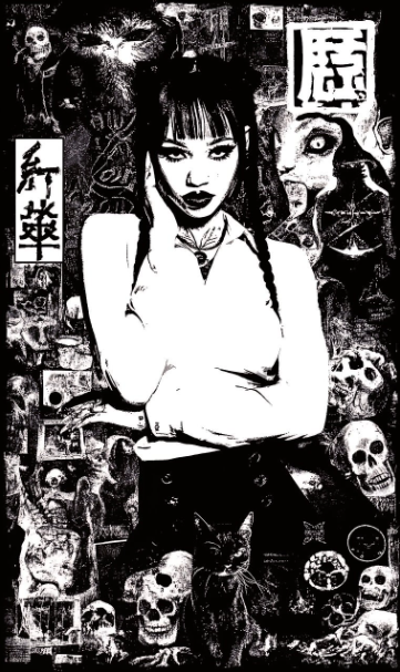 귀신을 부르는 앱 영 분위기의 흑백 호러 일러스트, 한국 공포 영화 포스터 스타일