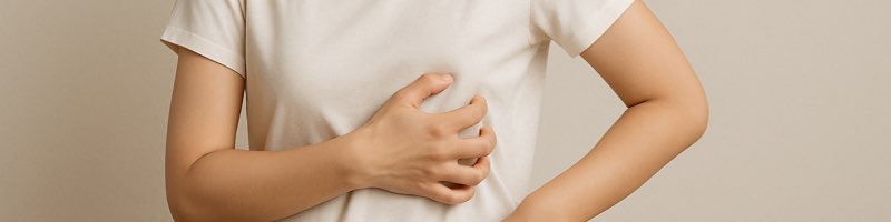 자신의 옆구리를 간지럽히는 여성의 모습