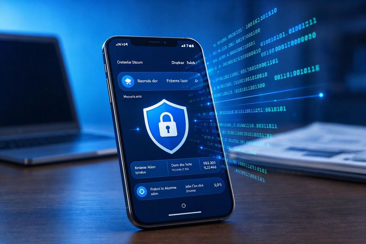 A visualization of secure banking encryption and data privacy on a mobile device.