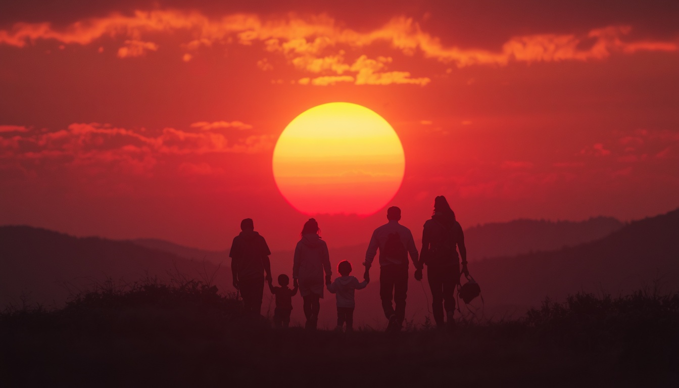 A happy family walking into a bright futuristic sunset, symbolizing a healthy 150-year lifespan.