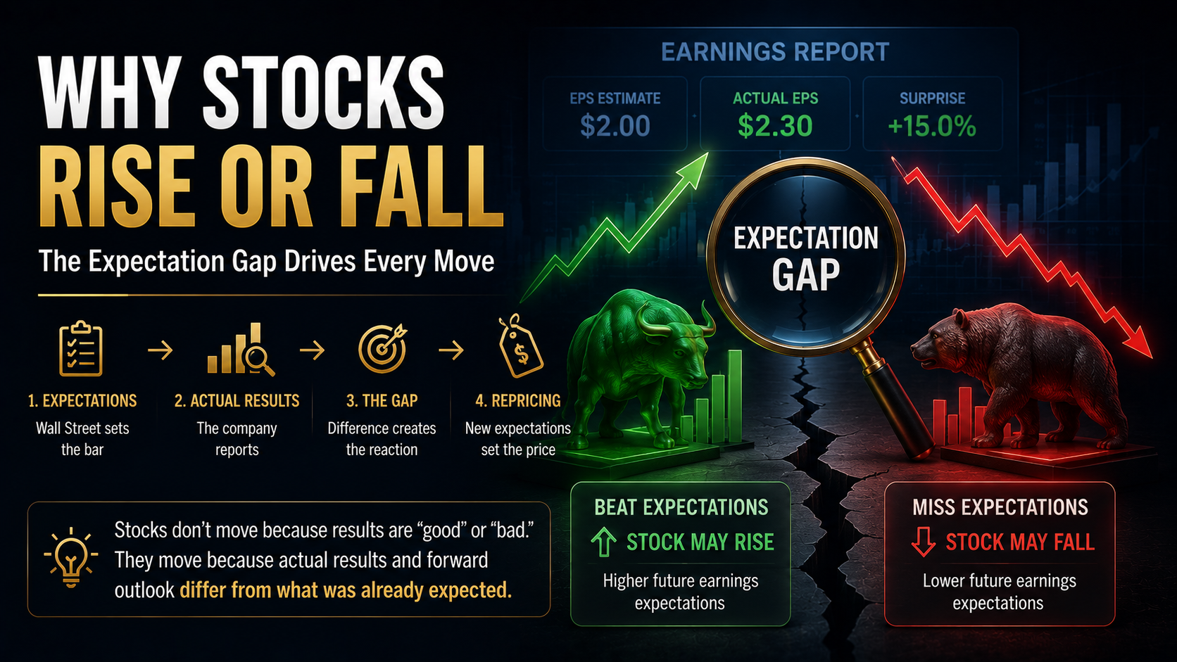 Why stocks rise or fall after earnings based on the expectation gap and forward guidance