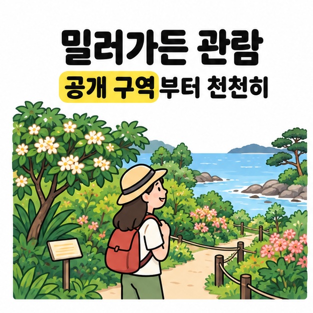밀러가든 관람과 공개 구역부터 천천히 문구 아래에 식물 표찰과 꽃나무, 해안 산책길을 바라보는 방문객의 모습
