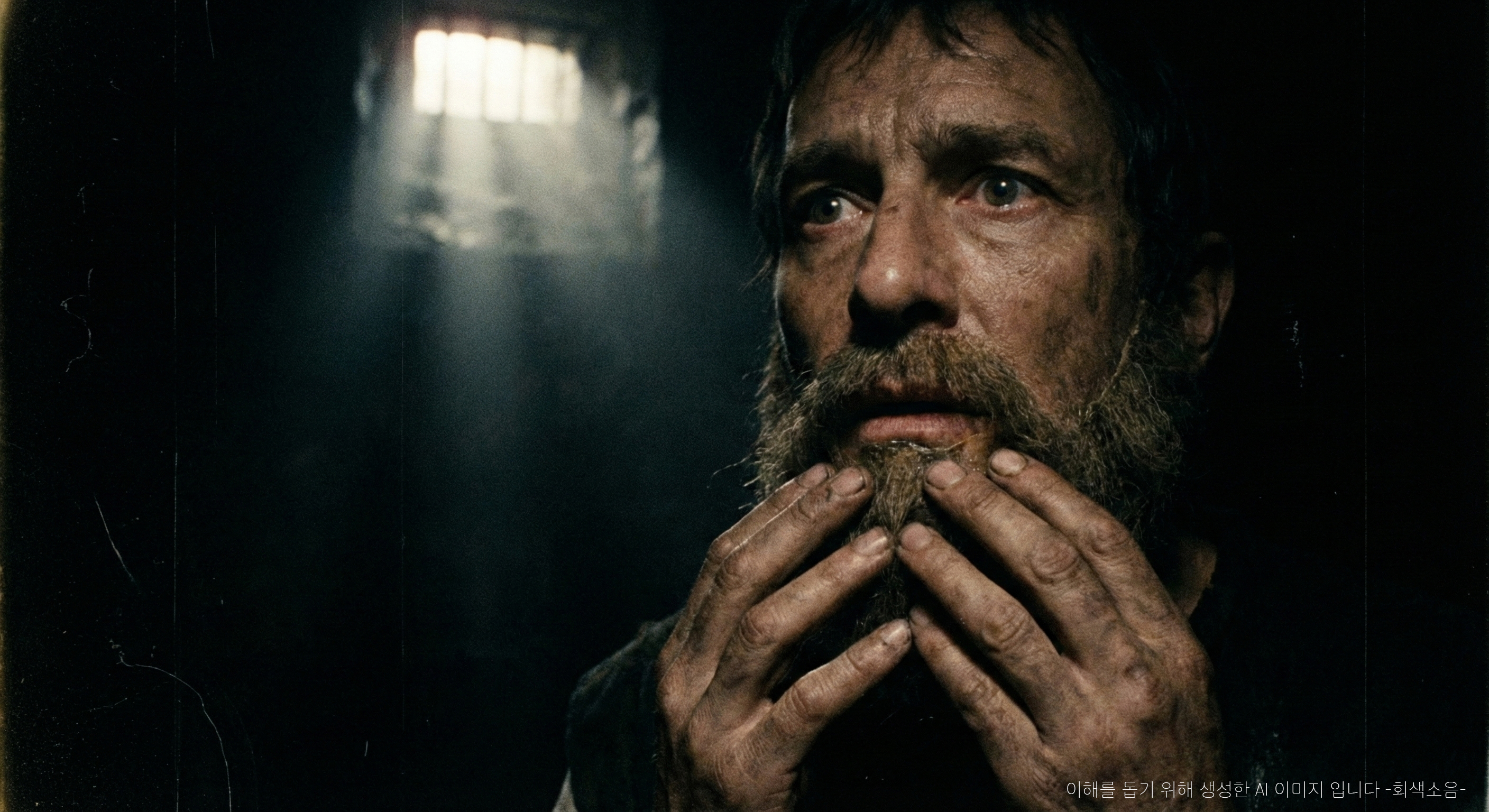 캄캄한 지하 감옥에서 한 줄기 빛이 내려와, 가짜 수염을 쥔 남자의 눈과 손을 비추며 두려움이 결의로 바뀌는 순간을 포착한 긴장감 넘치는 클로즈업 장면.