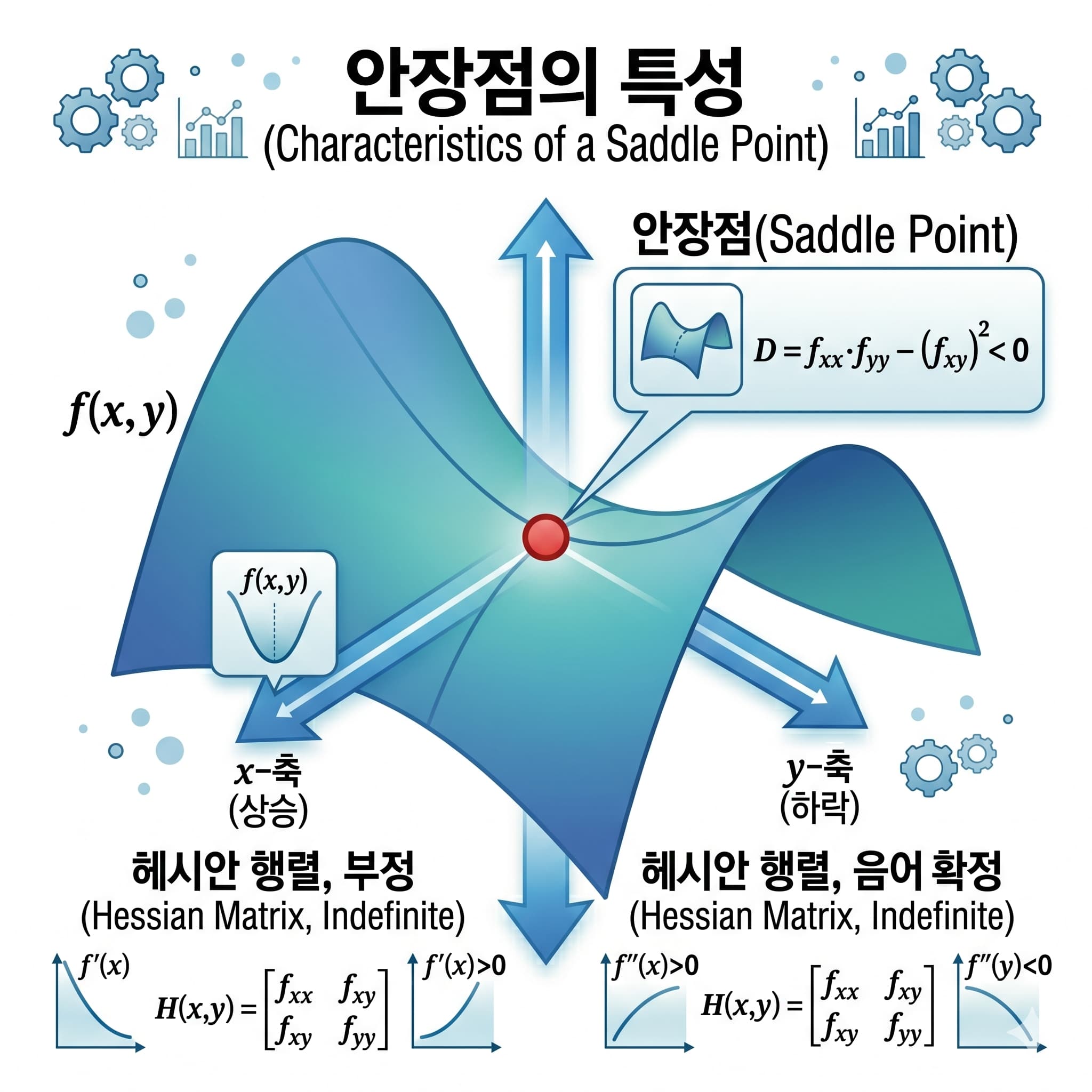3D 안장 모양 곡면에서 한 방향은 극소 다른 방향은 극대인 안장점을 표시한 다이어그램