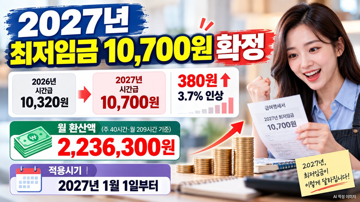 2027년 최저임금 시간급 10,700원과 월 환산액 223만6,300원 안내 이미지
