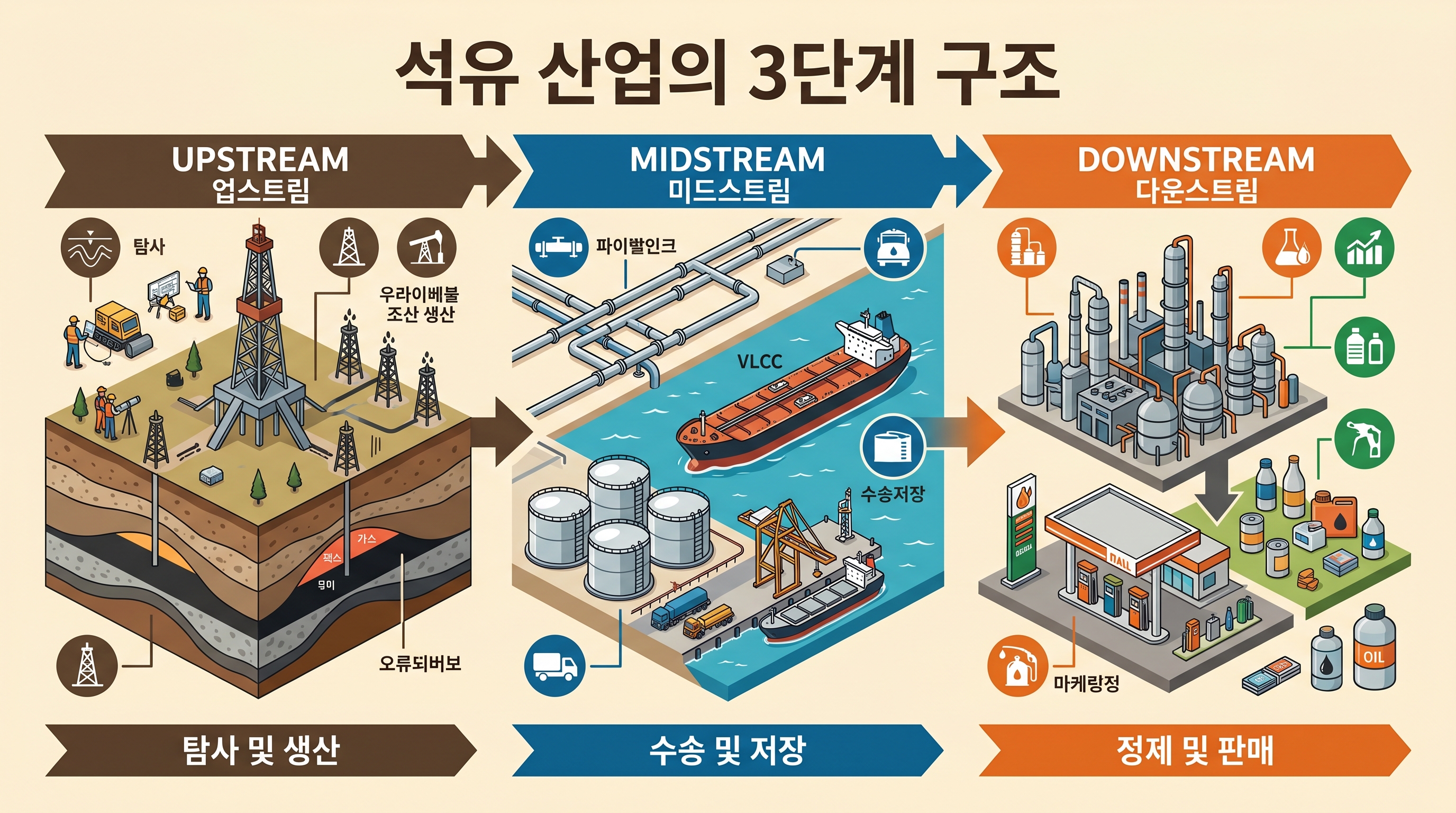 석유 산업 3단계 구조도: 업스트림(탐사&middot;시추&middot;생산) &rarr; 미드스트림(파이프라인&middot;유조선) &rarr; 다운스트림(정유&middot;판매)