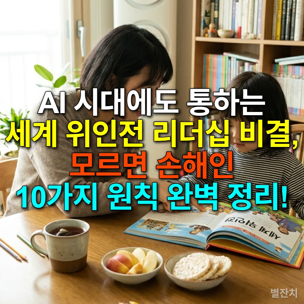 거실 식탁에서 엄마와 아이가 세계 위인전을 함께 읽으며 대화하는 모습