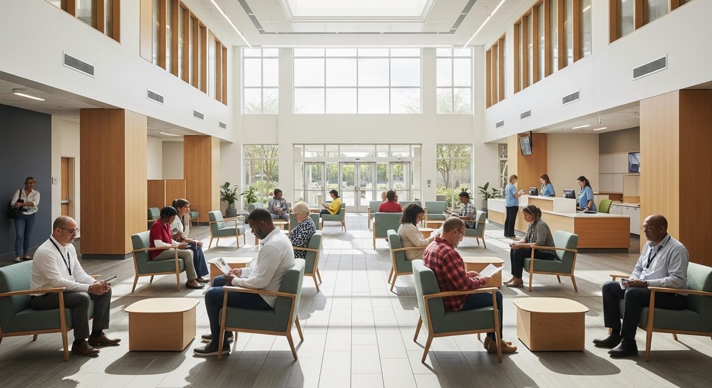 고용센터 대기실에서 상담을 기다리는 사람들