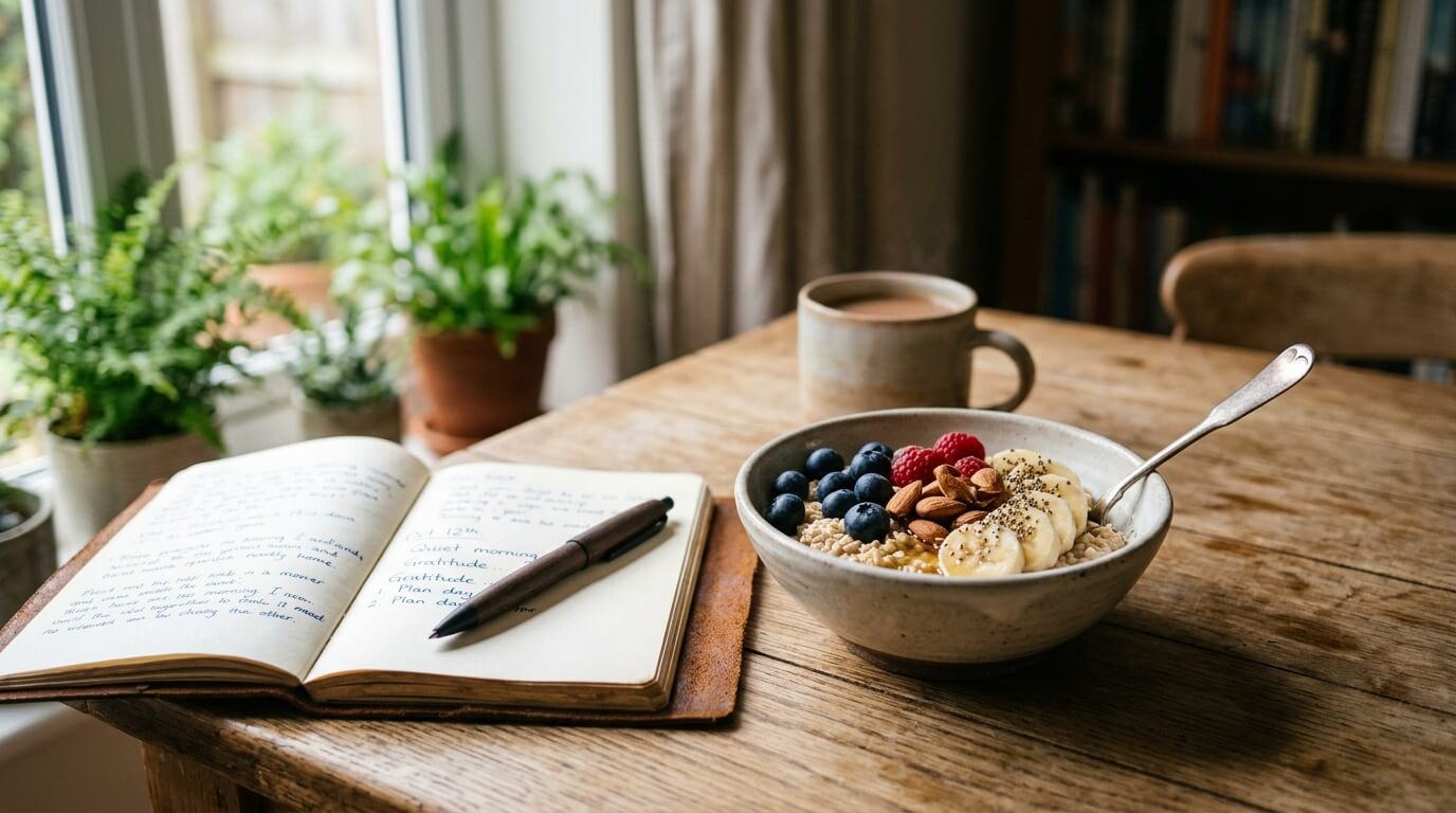 오트밀과 과일로 구성된 건강한 아침식사와 노트, 아침식사 다이어트 계획