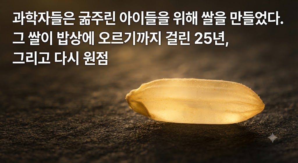 어두운 배경 속에서 은은하게 빛나는 황금빛 골든라이스 쌀알 한 톨이 클로즈업되어 있습니다. 그 위로 "과학자들은 굶주린 아이들을 위해 쌀을 만들었다. 그 쌀이 밥상에 오르기까지 걸린 25년, 그리고 다시 원점"이라는 문구를 배치해 강렬한 호기심을 유발합니다.