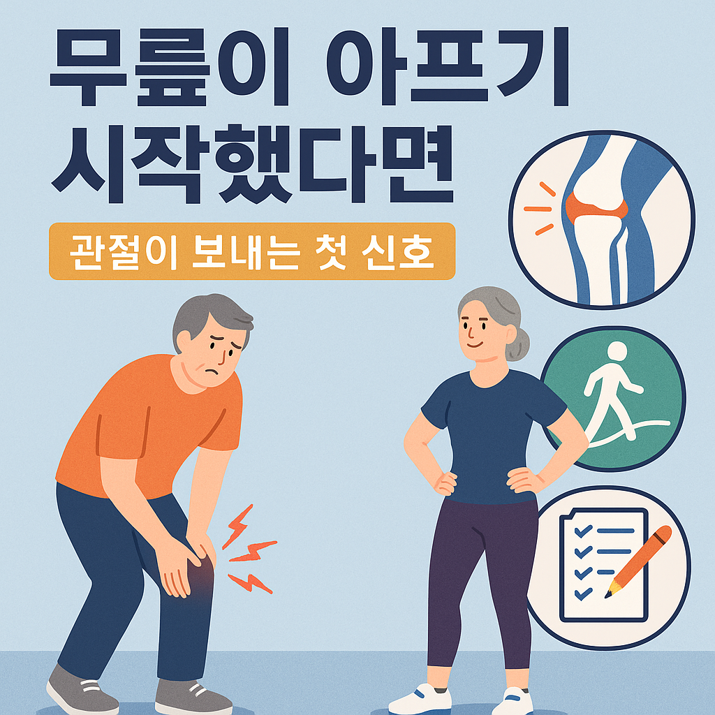 중년 남성과 여성이 무릎 통증을 느끼며 걷는 장면과 관절 구조 및 걷기 루틴을 설명하는 인포그래픽 스타일 일러스트