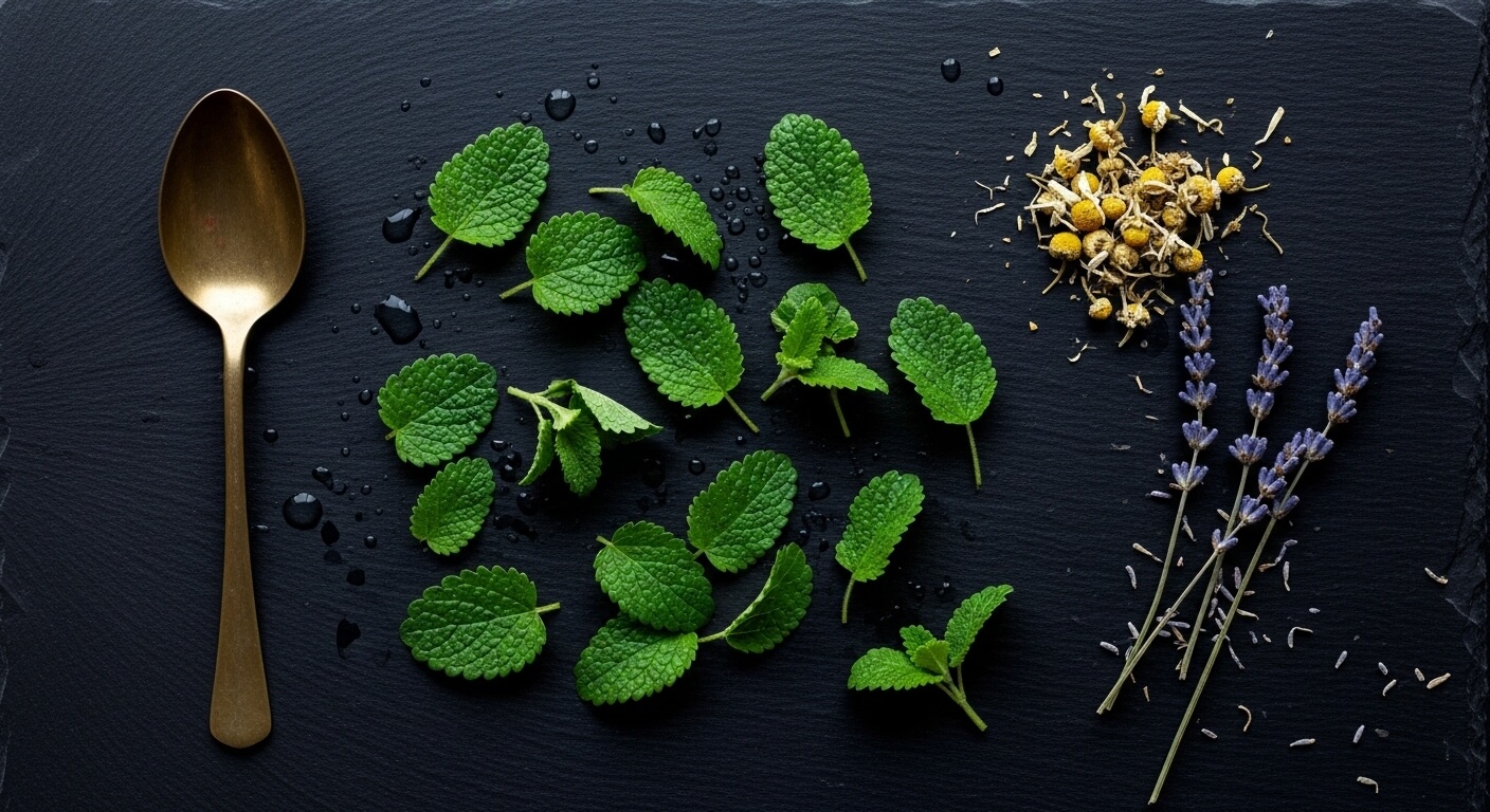 신선한 레몬밤 잎과 말린 허브 재료들이 어두운 배경 위에 정갈하게 놓여 있는 모습