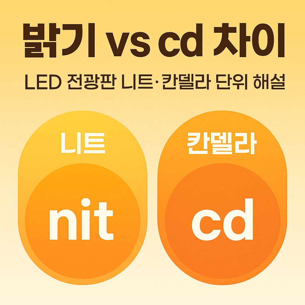 LED 전광판 밝기 정의 인포그래픽, 니트(nit)와 칸델라(cd) 단위 차이를 시각적으로 설명한 이미지