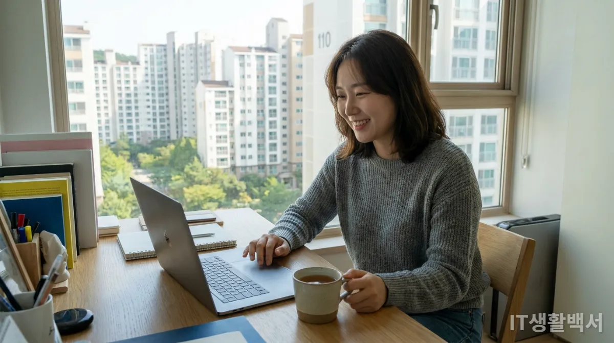 집에서 편안하게 원격 근무를 하는 한국인 여성의 모습