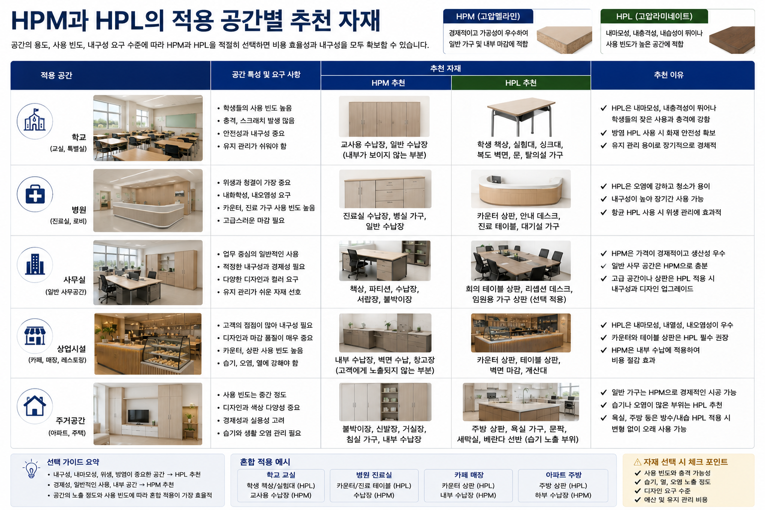 HPM과 HPL의 적용 공간별 추천 자재