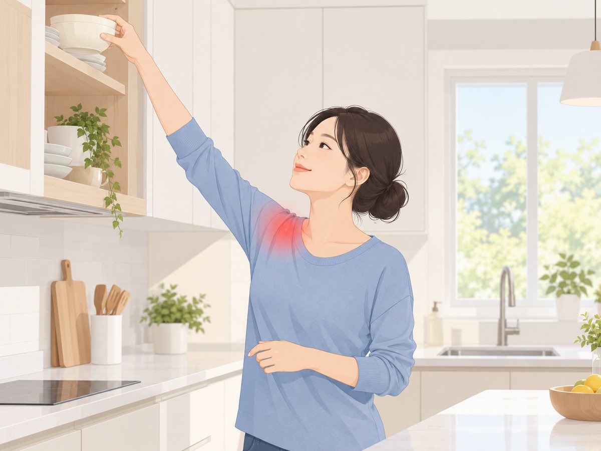 머리 위 선반으로 팔을 뻗을 때 뻗은 쪽 어깨 앞면이 아픈 여성