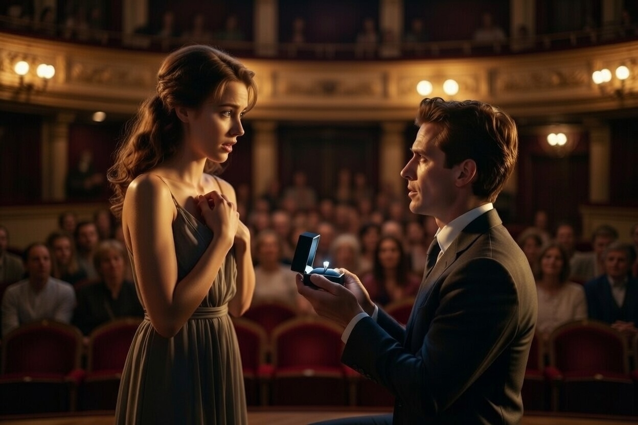 공연장에서 남자가 여자에게 프로포즈 하는 모습 ai 이미지