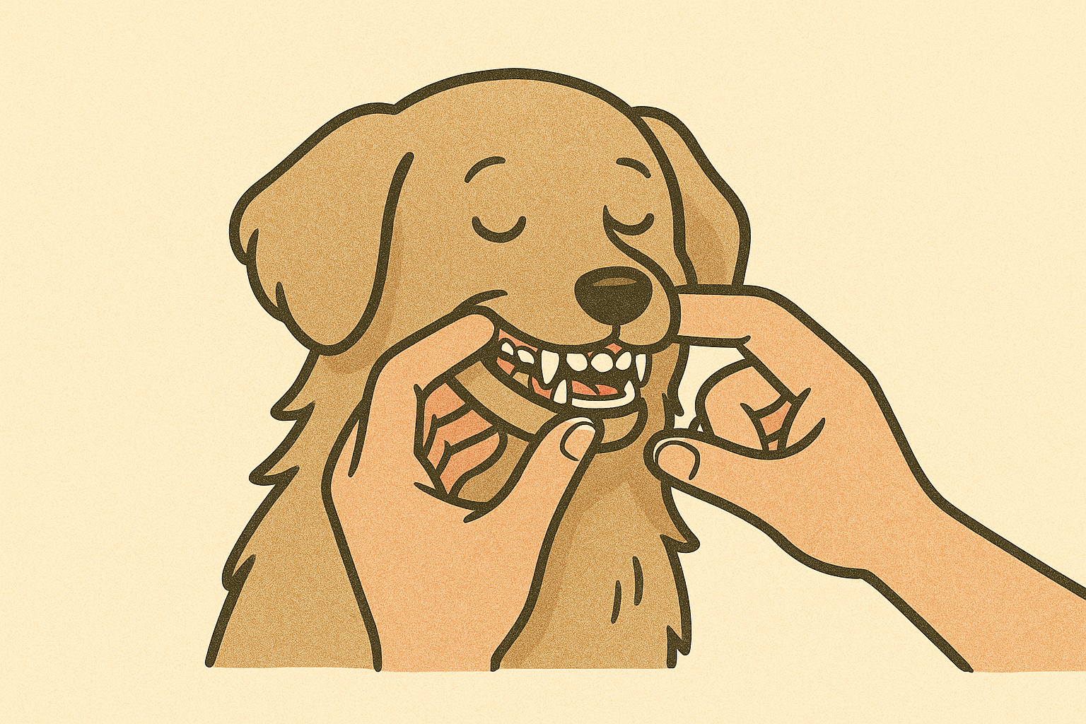 강아지의 잇몸을 사람이 손으로 마사지 하는 모습을 그림으로 그렸음