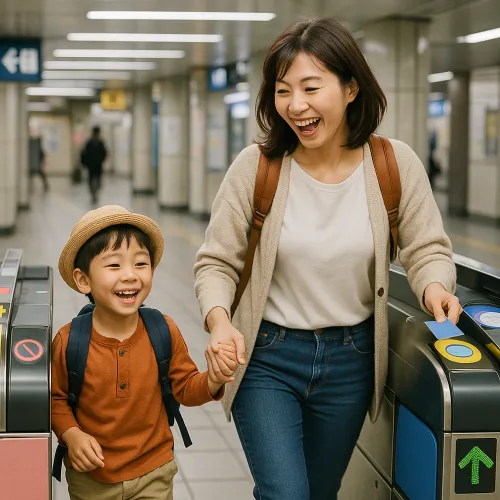 도쿄 지하철 이용하는 가족-일본 지하철 개찰구-Happy family using Tokyo subway