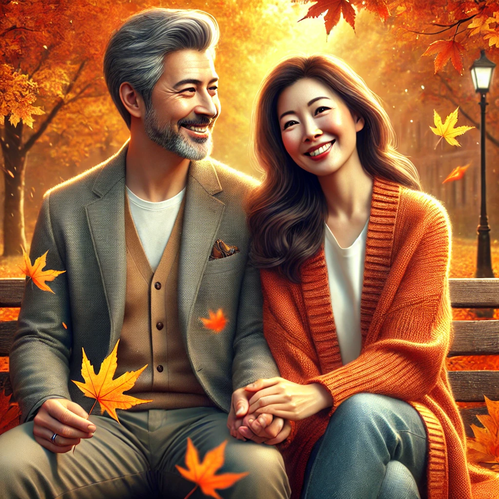 40대 한국 부부가 가을의 공원 벤치에 나란히 앉아 손을 잡고 따뜻하게 웃는 모습, 주변에는 생동감 있는 주황색과 노란색 낙엽이 떨어지며 조화롭고 다정한 분위기를 연출함