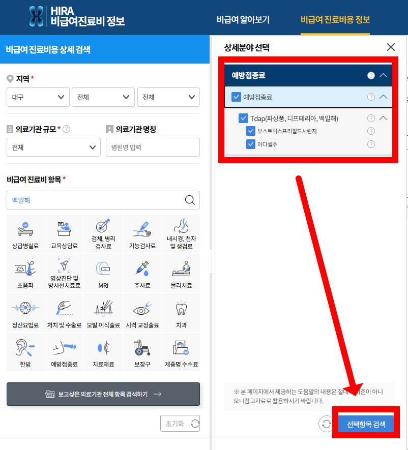비급여 진료비용 상세분야 선택