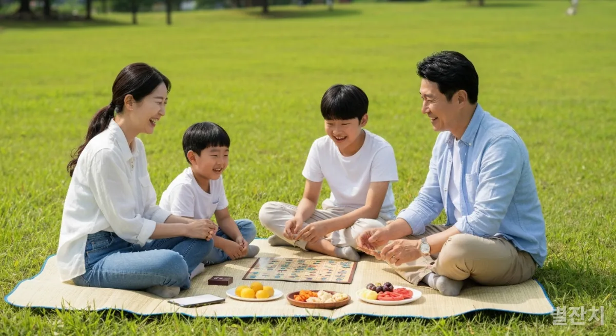 푸른 들판에서 보드게임을 하며 즐거운 시간을 보내는 한국인 가족