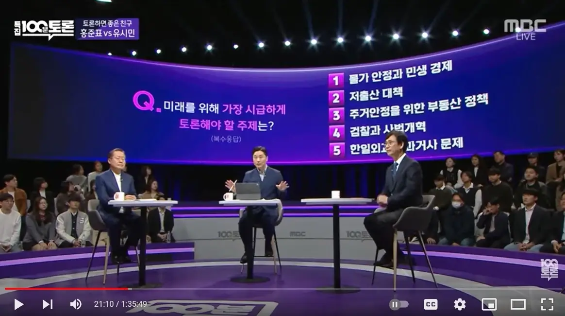 100분-토론-1000회-특집-중-시급한-토론주제-다섯가지가-화면에-나온-모습