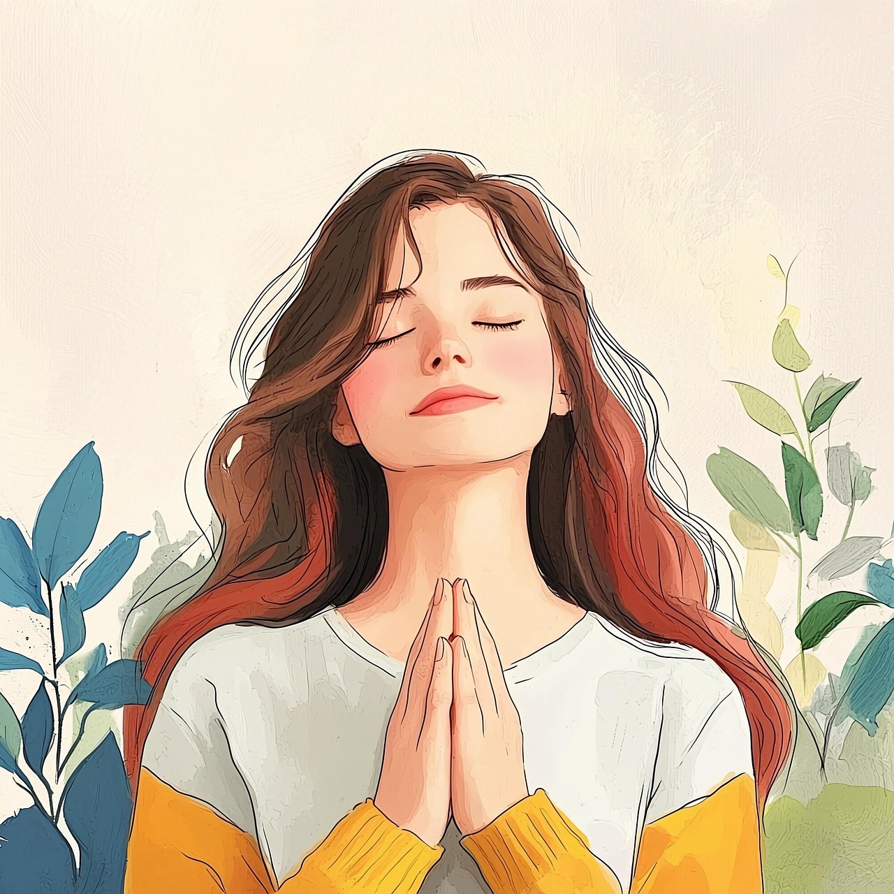 두-손을-가슴-앞에-모으고-두-눈을-감고-있는-갈색-머리카락-여자-일러스트