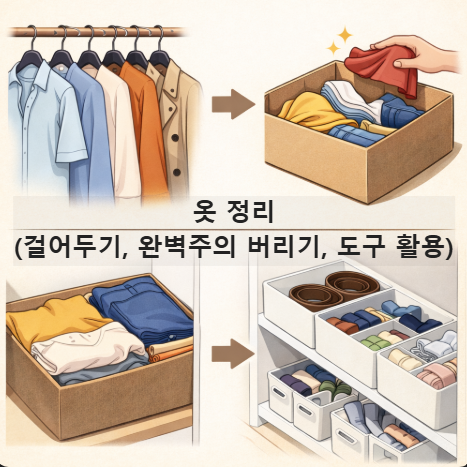 옷 정리 (걸어두기, 완벽주의 버리기, 도구 활용)