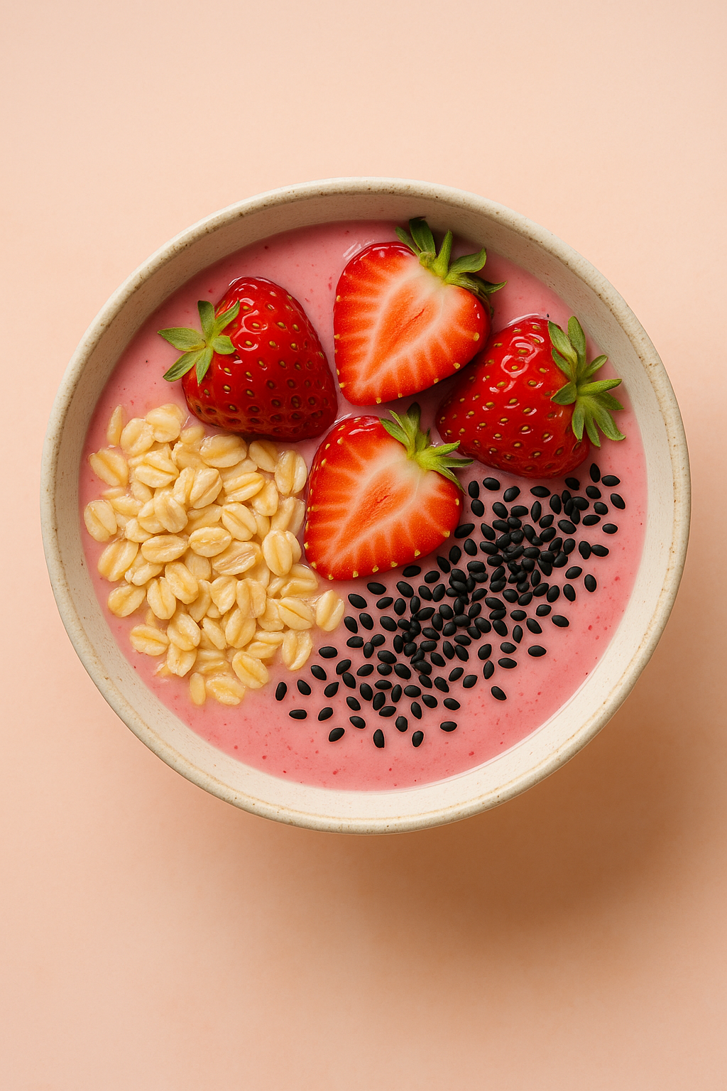 딸기와 귀리, 흑깨 토핑이 올려진 스무디 볼
