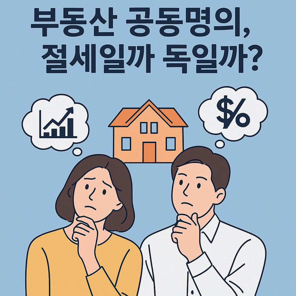 부동산 공동명의에 대해 고민하는 부부의 일러스트 &ndash; 세금과 절세 전략을 상징하는 그래픽