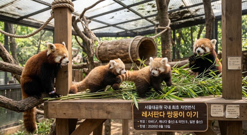 서울대공원에서 국내 최초 자연번식으로 태어난 라비와 리안의 쌍둥이 아기 레서판다