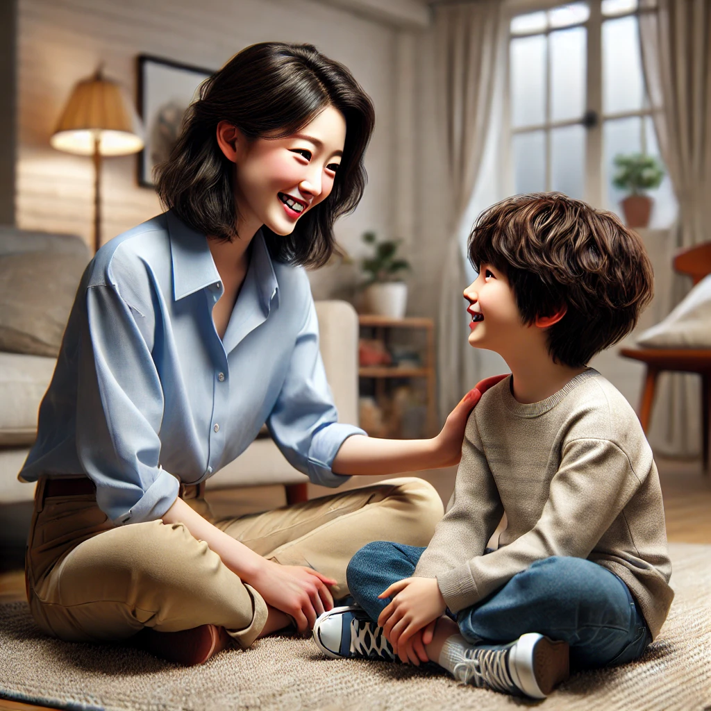 부모가 거실 바닥에 앉아 아이와 눈을 맞추며 따뜻하게 대화하는 장면. 아이는 편안하고 솔직하게 이야기하며 신뢰감 있는 분위기가 연출됨