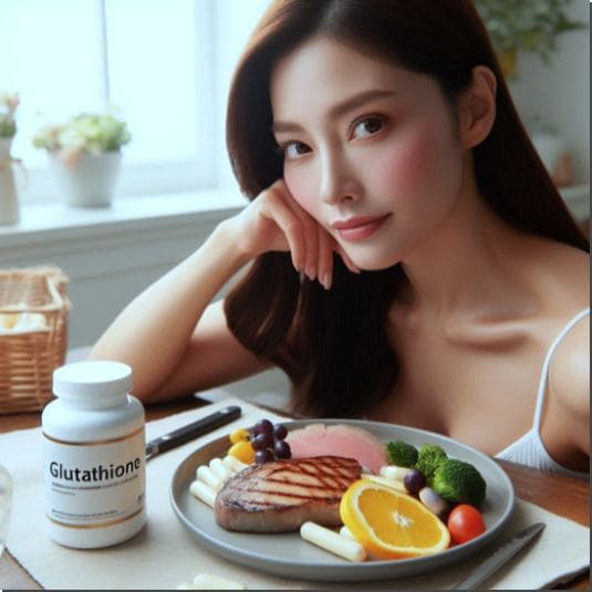 리포좀 글루타치온 음식과 보충제를 먹는 여성