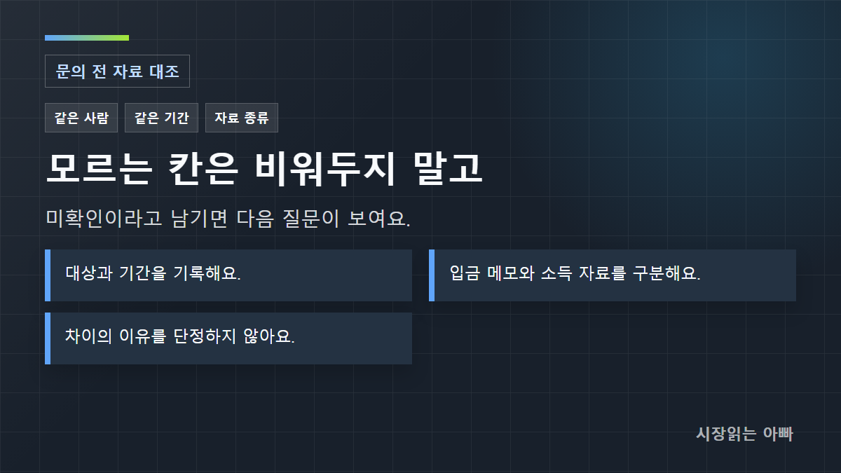 확인 기준: 대상과 기간을 기록해요.; 입금 메모와 소득 자료를 구분해요.; 차이의 이유를 단정하지 않아요.