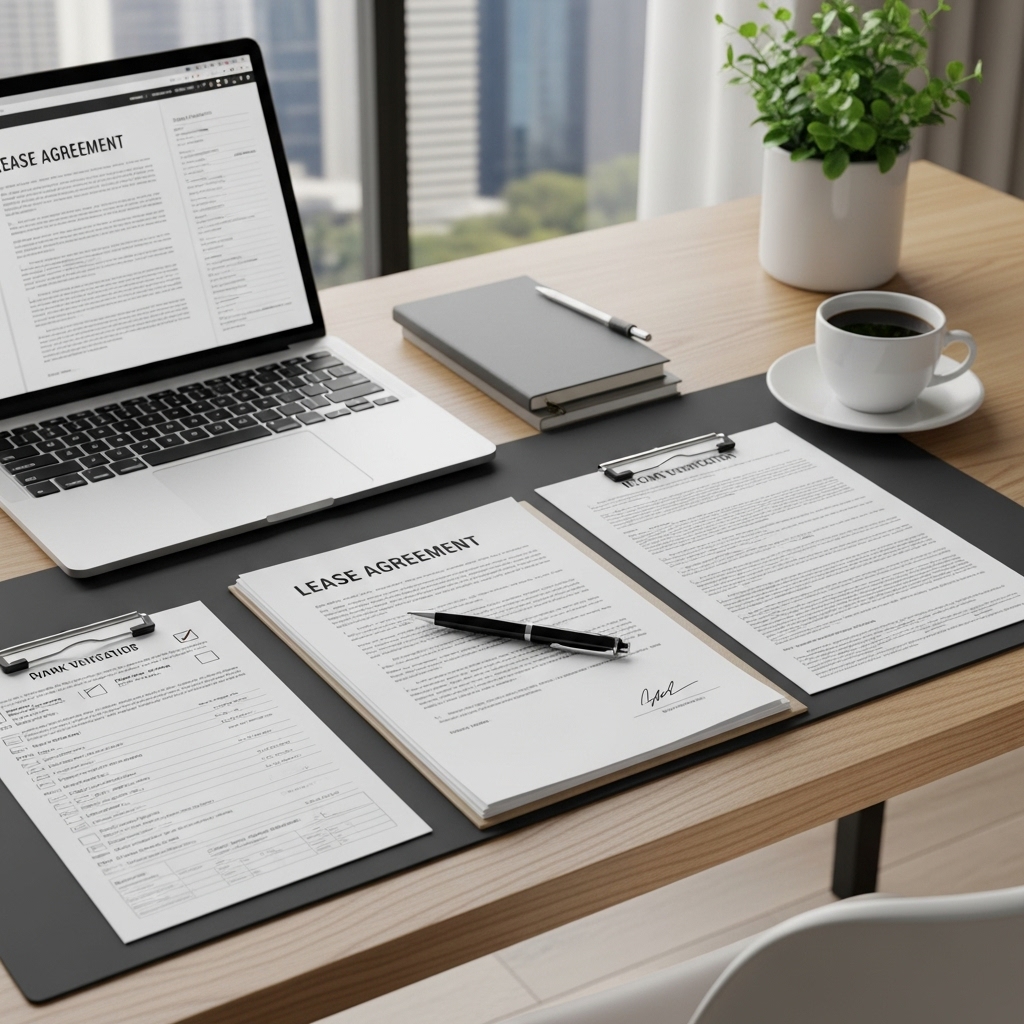 깔끔하게 정리된 책상 위에 전세 계약서, 소득 서류, 체크리스트 등이 놓여있는 모습