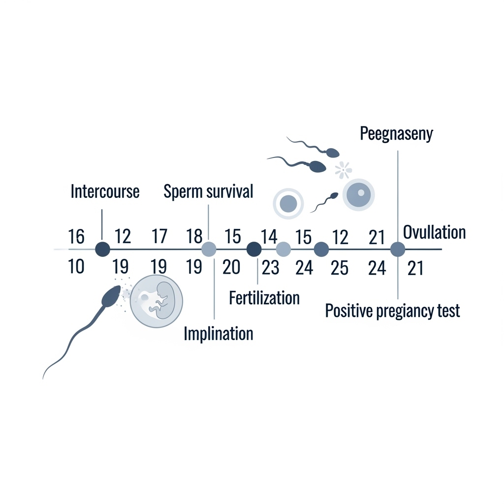 관계 후 임신 과정을 단계별로 보여주는 타임라인 이미지. 수정, 착상, 임신 테스트 시기를 강조하여 설명합니다.